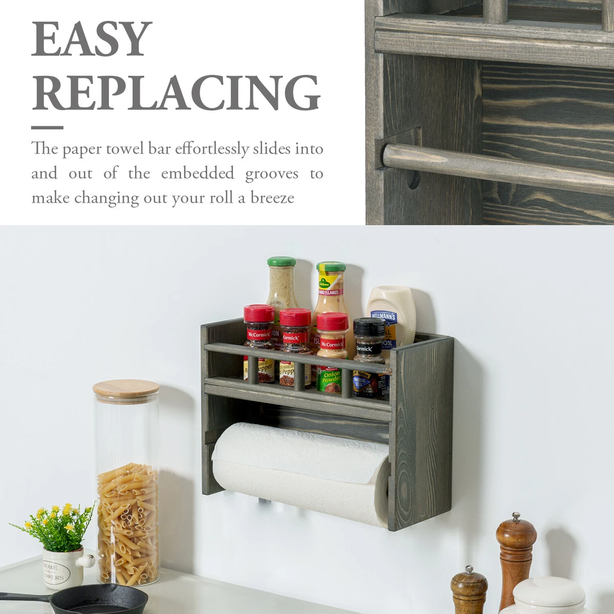 Kitchen Gray Wood Spice Rack Wall Mounted Paper Towel Roll