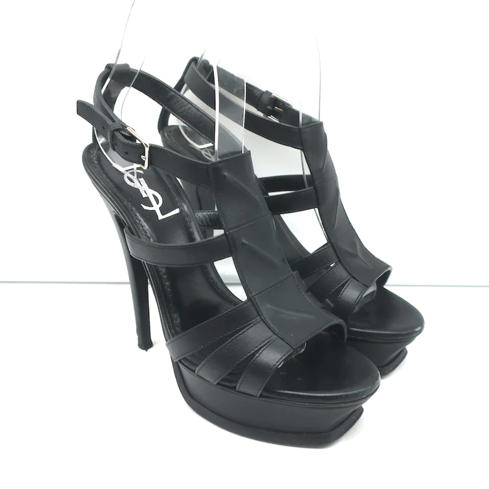 Sandali con plateau Yves Saint Laurent in rilievo a Y in pelle nera taglia 37