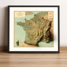 France Map, France 2D Relief Map, France Vintage Map - 2D Flat Print