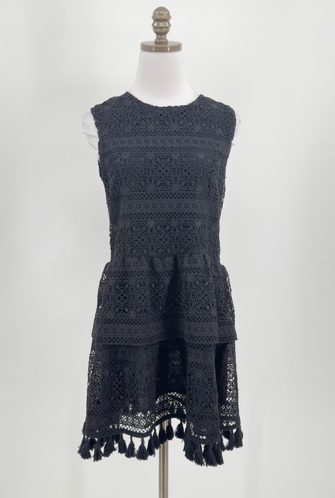 Anine Bing Black Lace Ruffle Dress Sleeveless Tassel Hem Sz S