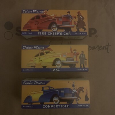 Vintage Toy Cars, 2000 Binary Arts, Lot Of 3:  Fire Chief car, Taxi, Convertible