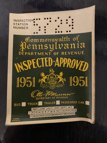 Vintage Original 1951 PA Pennsylvania Car Inspection Sticker | eBay