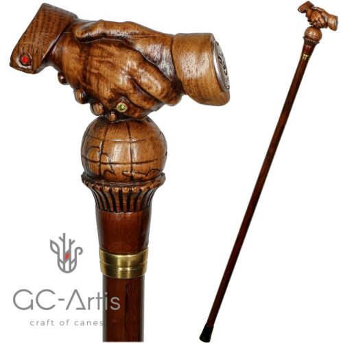 Wooden Walking Cane Stick men women Wood Carved Crafted Friendship Earth ball - Afbeelding 1 van 9