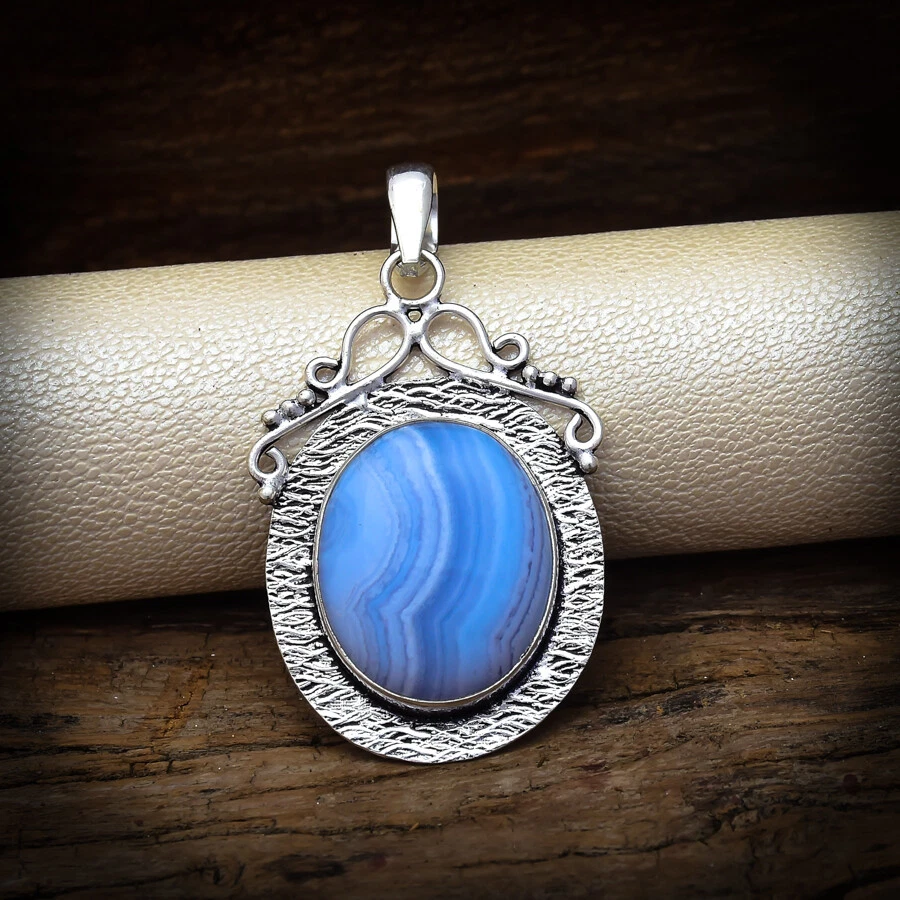 Collana In Agata Pizzo Blu Naturale - Perle 8mm