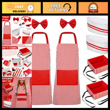 1950s Soda Jerk Costume Kit - Red  White Striped Apron, Chef Hat, Bow Tie, Snac