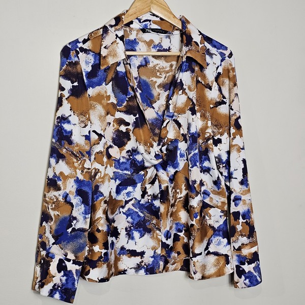 Zara Blouse Size XL Collared Top Long Sleeve Made In Morocco