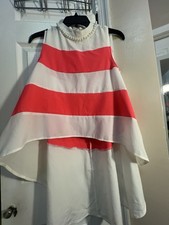 Pastel Hi-Low Sleeveless Dress Pink White Striped Pearl Neckline Women's S