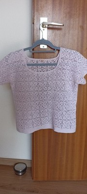 Handmade Damen Häkel-Bluse rosa Kurzarm Quadratausschnitt Blumen M/L