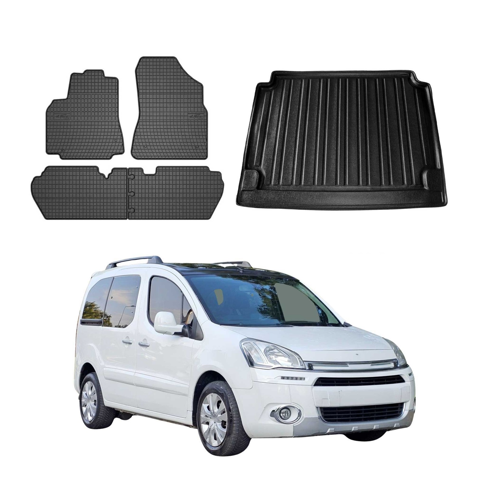 Fußmatten & Kofferraumwanne Set für Citroen Berlingo 2008-2018 Untere Gummi 5x