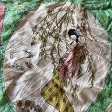 Vintage Hand Printed Pure Silk Scarf Chinese Court Ladies Art Green Square Scarf