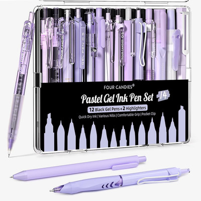 Writing Ink Pens with Black & Purple Ink and 2Pack Highlighter Retractable 0.5Mm