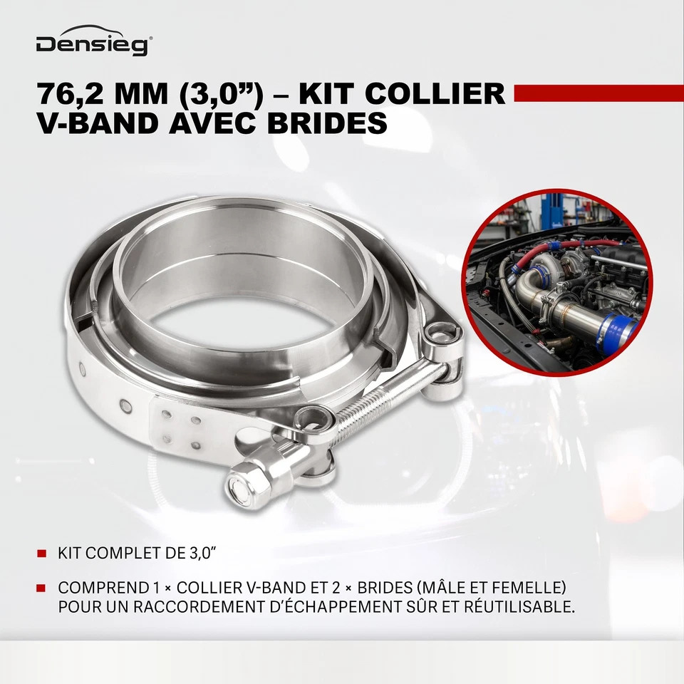 Densieg Collier V 76,2 mm 3" bagues soudage, centrage, bride échappement inox - Photo 2/4