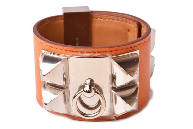 Hermes Medor Collier de Chien Orange Leather Bangle Bracelet with Silver Storage Bag-image
