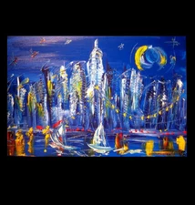 BLUE CITY   by Mark Kazav Original Oil Painting Wall  Impressionism H9HY89YJ