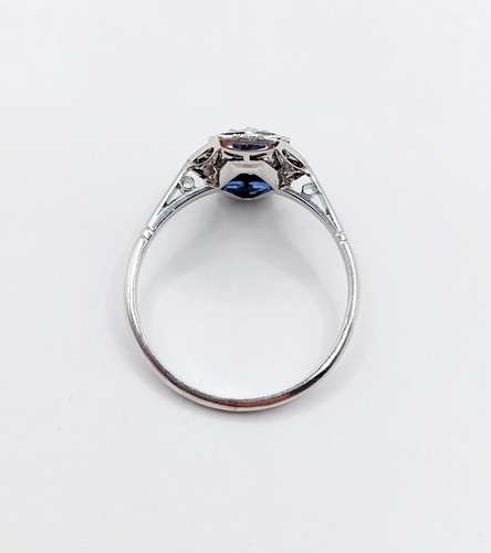 Anillo marquesa art deco oro blanco 18k diamante talla rosa zafiro calibrados... - Imagen 4 de 9