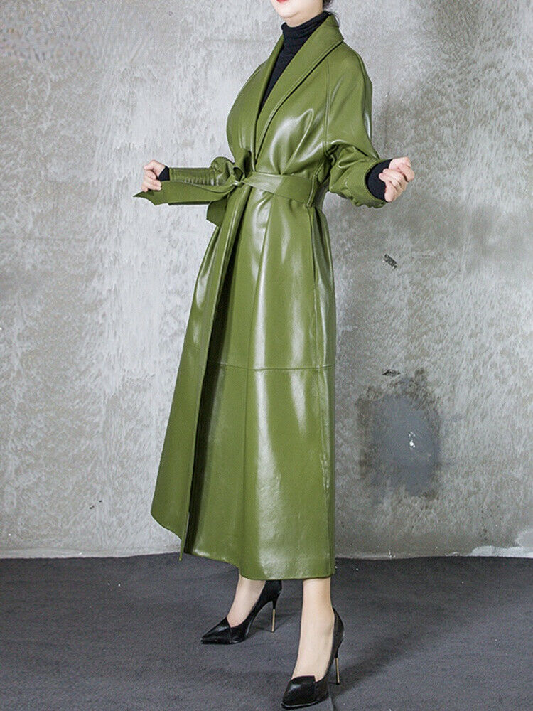 Women Extra Long Soft PU Leather Trench Coat Belt Elegant Overcoat