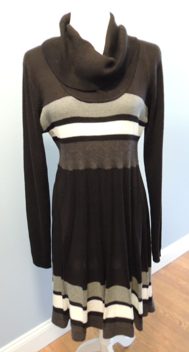 Calvin Klein Pleated Cowl Neck Knit Sweater Dress Size Large Black Gray  White