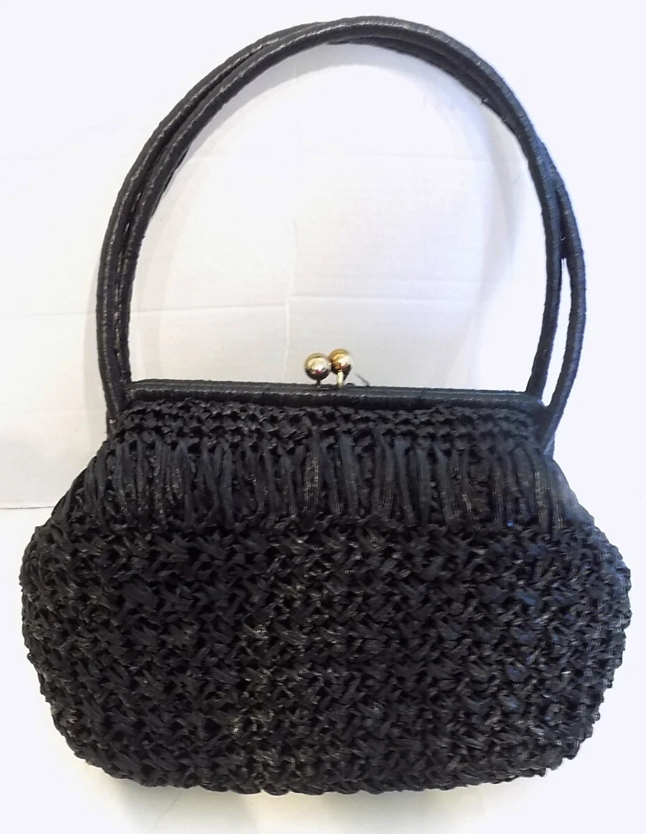 Vintage 60s Black Woven Straw Purse Handbag Made in Japan Kiss Clasp