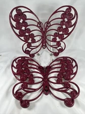 Vtg Set Of 2 Burwood Products Ox Blood Red Wall Hanging Butterflies 1970s