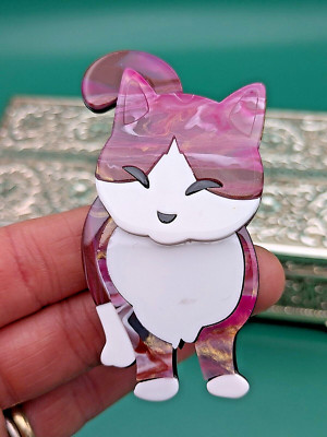 Vintage moderne BROSCHE Handarbeit Rosa Gold Folie Tabby Katze Kätzchen Acryl Bakelit