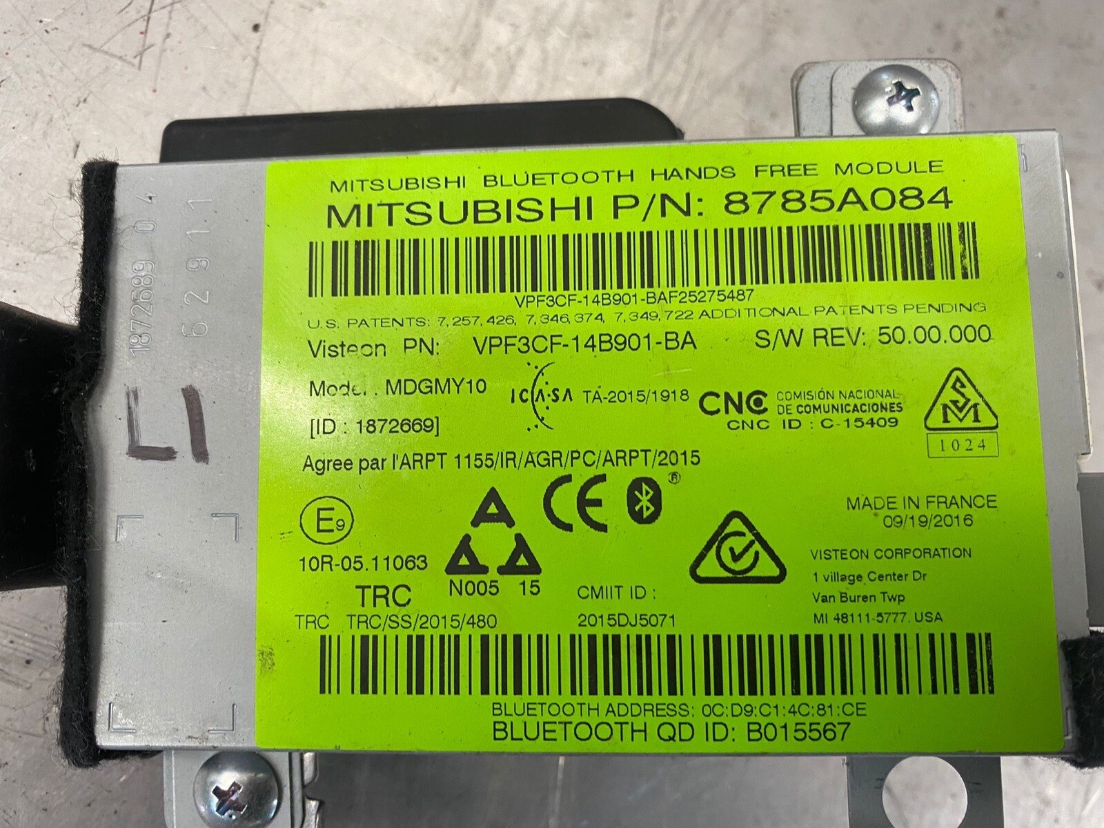 MITSUBISHI OUTLANDER PHEV 2015-21 BLUETOOTH HANDSFREE CONTROL MODULE 8785A084