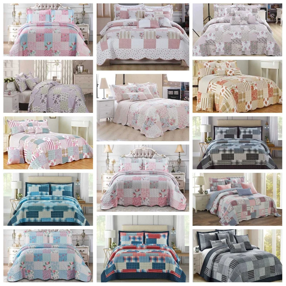 Patchwork 3 Piece Quilted Printed Bedspread Comforter bed Throw and Pillow Sham