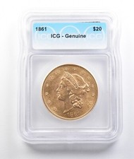 1861 $20 Liberty Head Gold Double Eagle Genuine ICG *5587