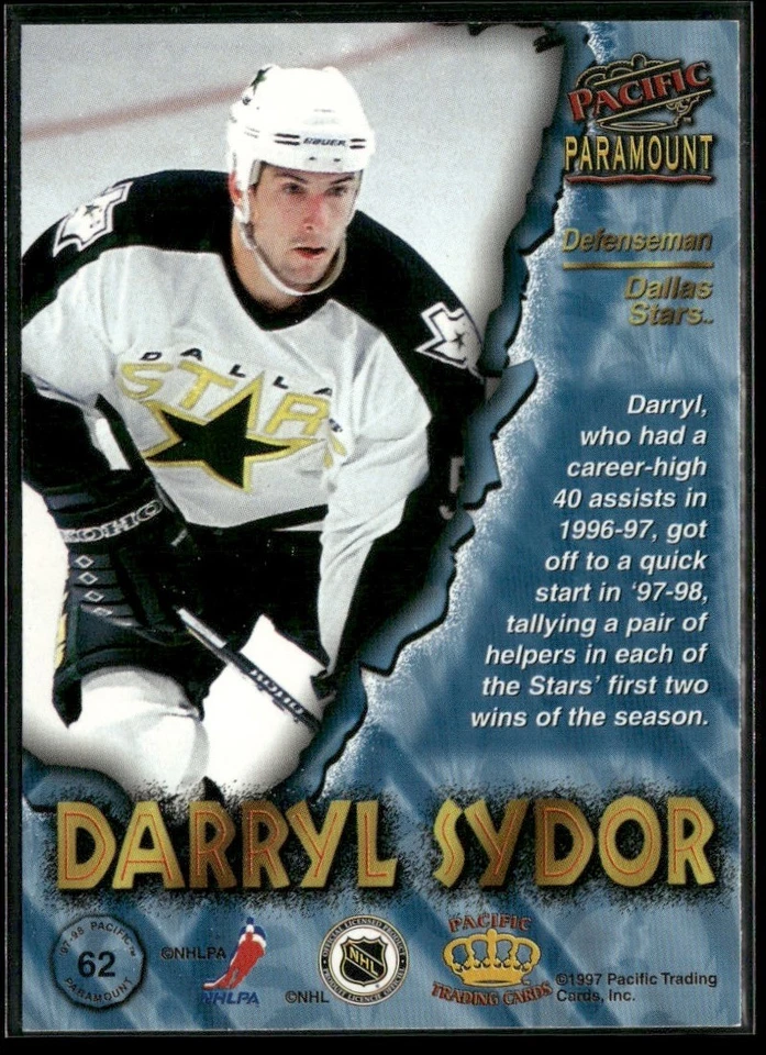 1997-98 PACIFIC PARAMOUNT DARRYL SYDOR DALLAS STARS #62 - Image 2 of 3
