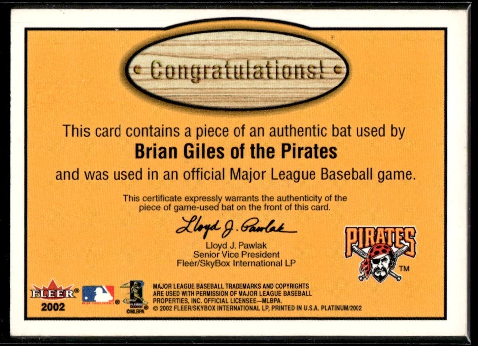 Brian Giles 2002 Fleer Fence Busters JOGO USADO BAT RC #23 Pittsburgh Pirates - Imagem 2 de 2