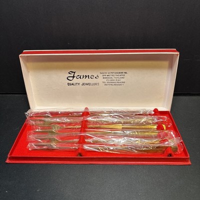 6 Vintage NOS FAMES Jewellers Brass And Rose Wood MCM Fondue Forks