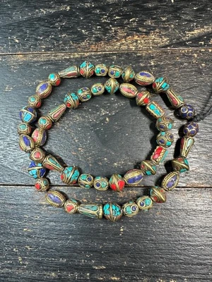 Collier de perles vintage en laiton du Népal - 50 perles incrustées de... - Photo 1/4