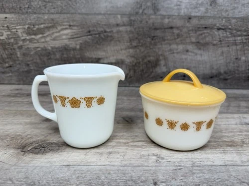 Vintage Pyrex Butterfly Gold Sugar Bowl With Lid  & Creamer