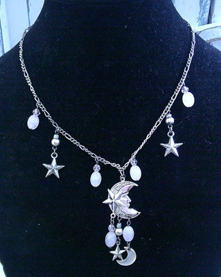 Silver Moon, Heart, Star, faux pearl 18'' Necklace Witch Bohemian Whimsigoth