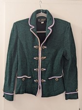 St. John Collection Green Knit Jacket With Gold Buttons & Lilac Trim Sz 6