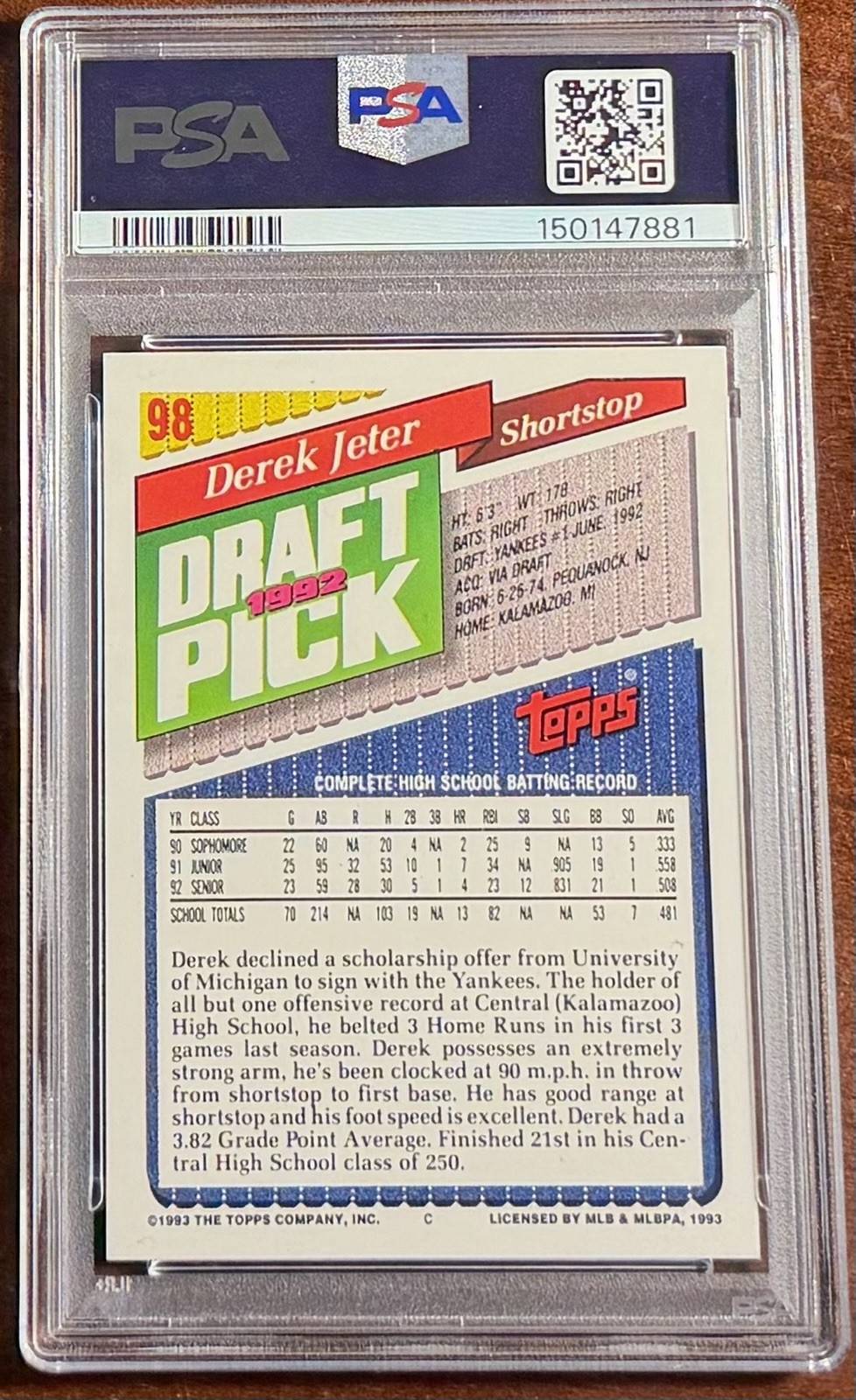 1993 Topps  Derek Jeter Rookie🚨PSA 9💥MINT💎Yankees🏆JUST GRADED🔥Iconic⚾️ view 2