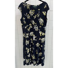 Lauren Ralph Lauren Navy Yellow Floral Fit Flare V-Neck Jersey Dress Size 12