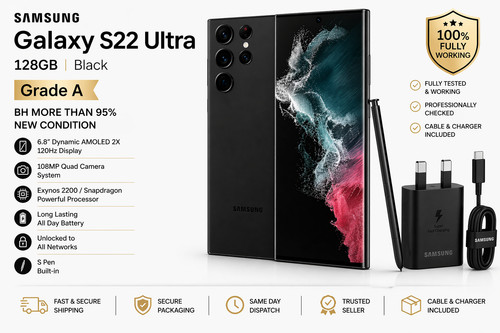Samsung Galaxy S22 Ultra SM-S908B/DS - 128GB Schwarz Grade A 95%+ Akku Voll Wo