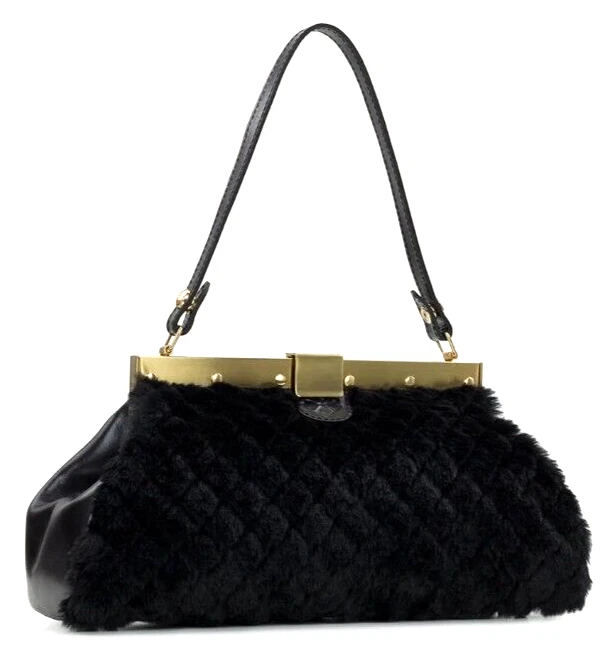 PATRICIA NASH Ferrara Frame Bag Satchel Quilted Faux Fur Black New MSRP 189
