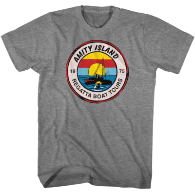 Jaws 70's Thriller Movie Amity Island Regatta Boat Tours Badge 75 Men's T Shirt