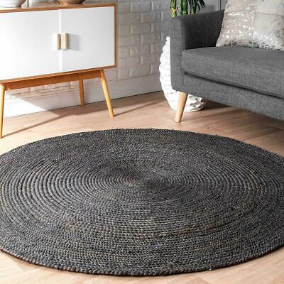 Runder Teppich Schwarz Farbe Natur Jute Landhaus Vorleger Handgewebt Carpet