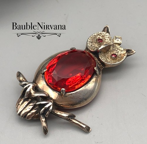Vintage Figural Owl XL Large Red Faceted Center Body Stone Sterling Silver Pin - Picture 4 of 5