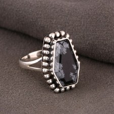 Victorian Coffin Sterling Silver Ring With Snowflake Obsidian Statement Rings