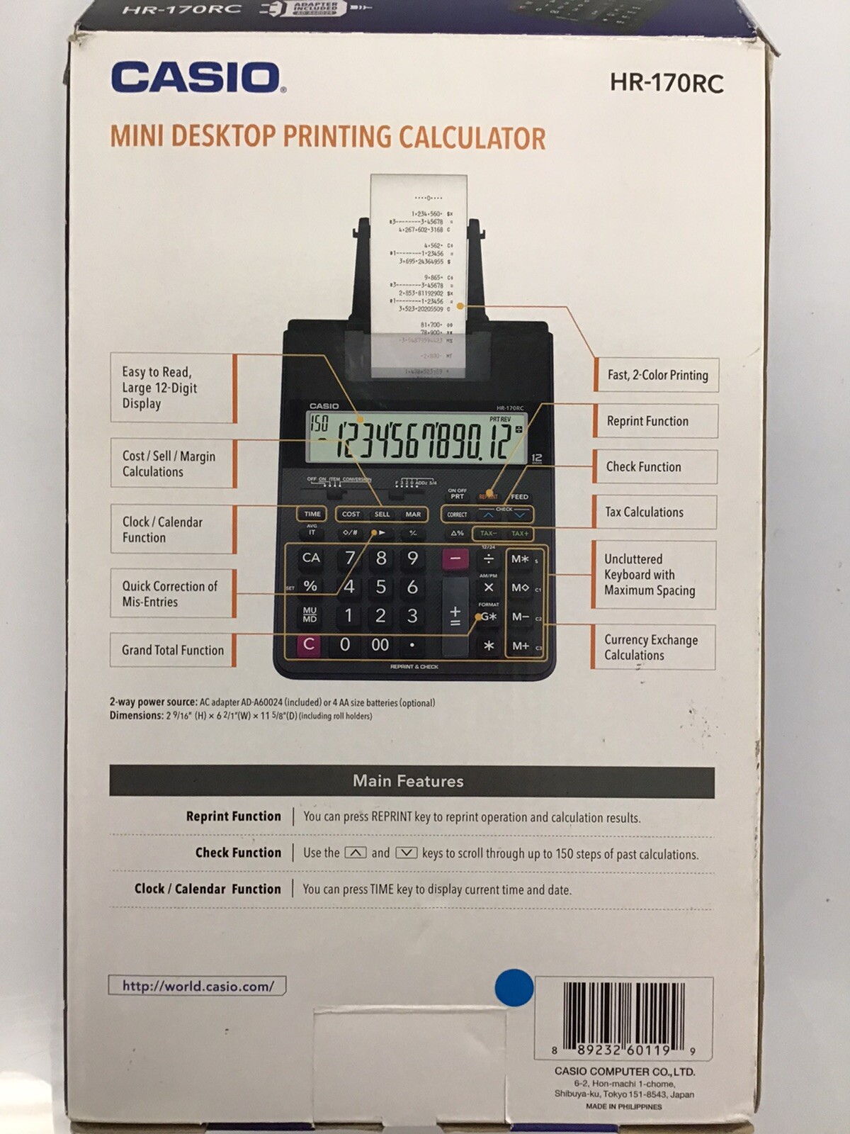 Casio HR-170RC Calculator Portable Mini Desktop Printing Adding Machine ...