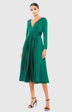 Ieena for Mac Duggal Green Plunge Neck Satin A-Line Dress