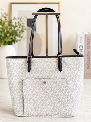 Michael Kors White Gray Black Monogram Zip Tote Gold HW Beige Lined Bag Charm