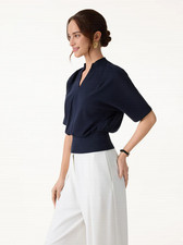 OGL Stand Collar V-Neck Short Sleeve Top - Na...