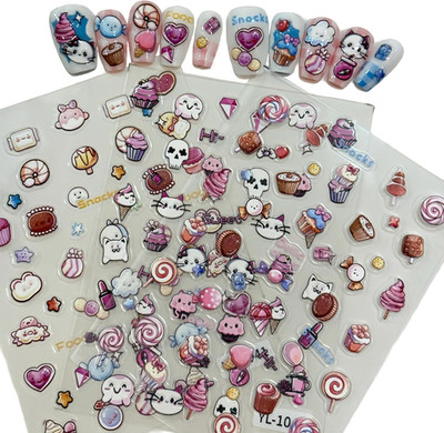 5D Embossed Dessert Cake Ice Cream Nail Stickers - Candy Lollipop 3D Nail Art De