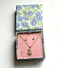 GOLD PLATED CUBIC ZIRCONIA TEDDY BEAR PENDANT NECKLACE EARRING SET