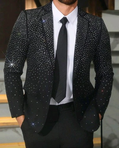New Men Luxury Diamond Rhinestones Black Stage Party Fashion Jacket High Quality - product listing photo