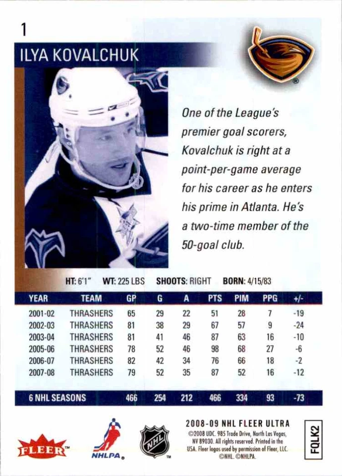 2008-09 Fleer Ultra Ilya Kovalchuk #1 - Image 2 of 2